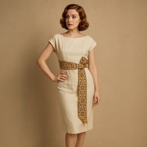 Mr Mort Vintage 1960s Ivory Gold Embroidered Sheath Dress Sz 12 Modern Sz‎ 4/6